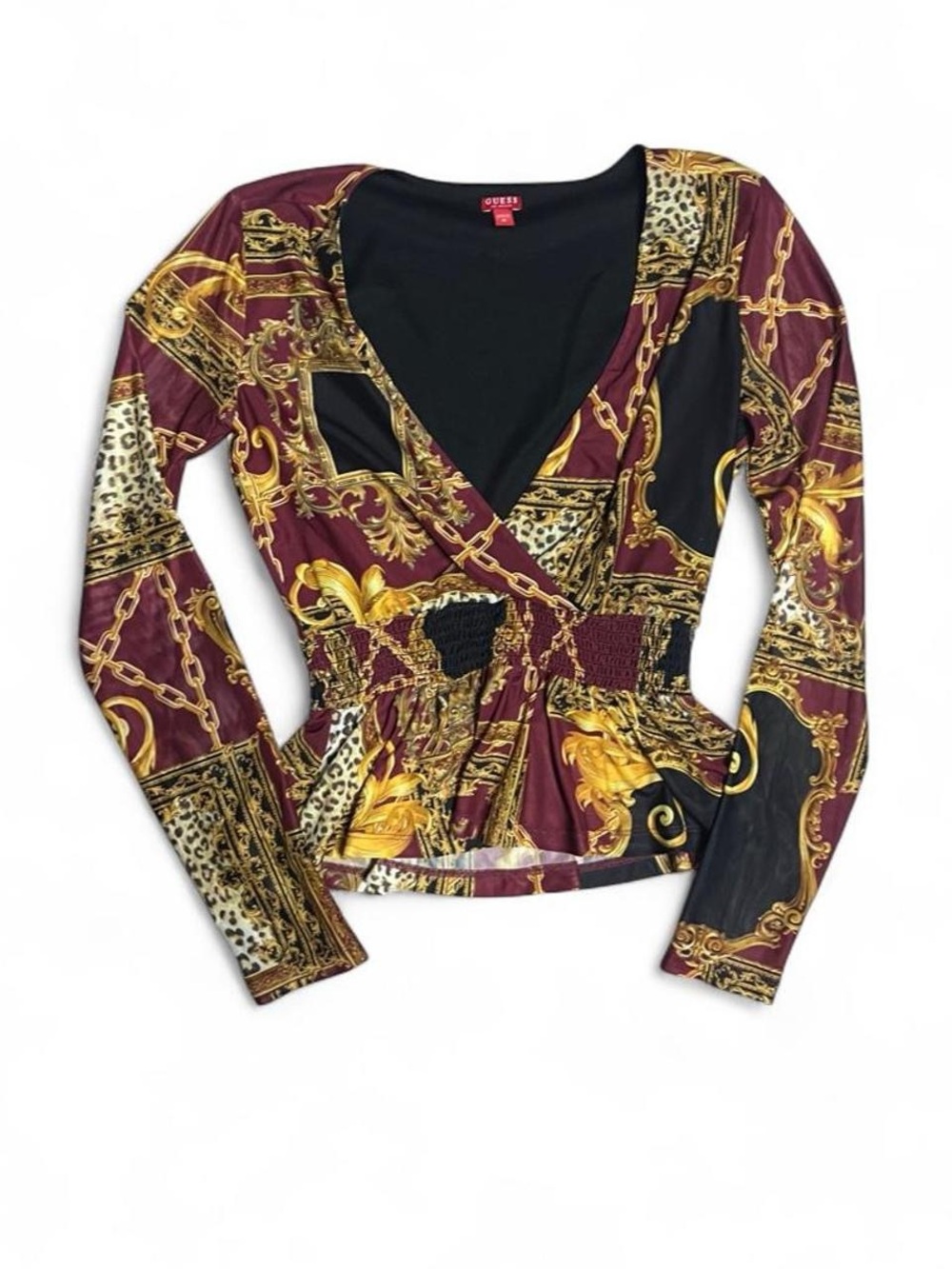 Guess Baroque Chain & Leopard Print Wrap Top in Burgundy, Black and Gold